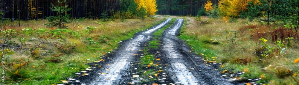 Fototapeta premium A serene dirt road winds through a forest, flanked by lush greenery and vibrant autumn foliage, inviting exploration and tranquility.