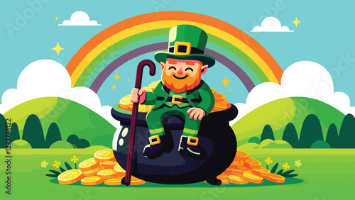 Pot of Gold Guarded by a Leprechaun, A mischievous leprechaun sitting atop a pot of gold, holding a wooden cane and smirking. Behind the leprechaun is a bright rainbow and rolling green hills 