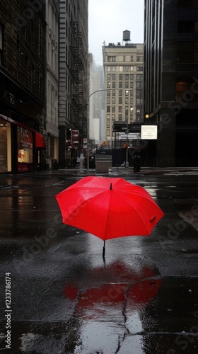 Red Umbrella Abandoned On Rainy City Street