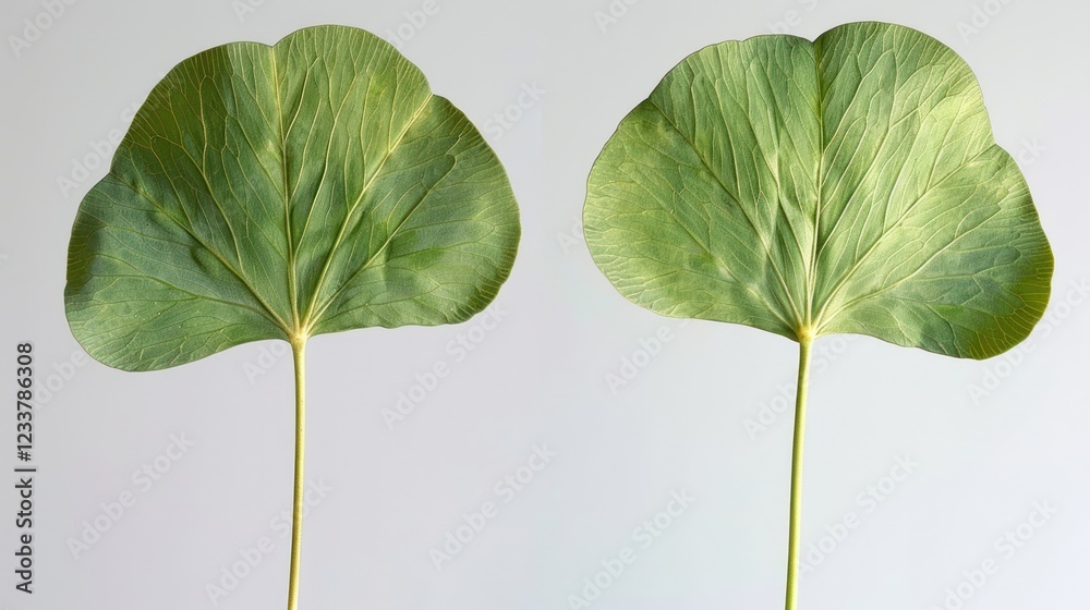 Fototapeta premium Close-Up View of Two Large Green Leaves on Soft Background Emphasizing Natural Texture and Vibrancy of Plant Life, Perfect for Organic or Nature-Themed Projects