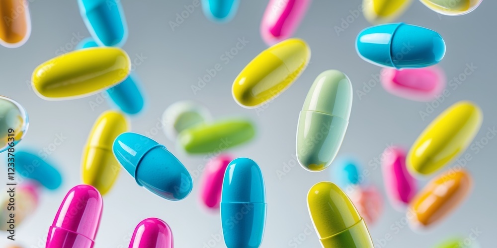 Colorful Capsules Abstract CloseUp of Floating Pharmaceutical Pills. Colorful Capsules Abstract CloseUp of Floating Pharmaceutical Pills.