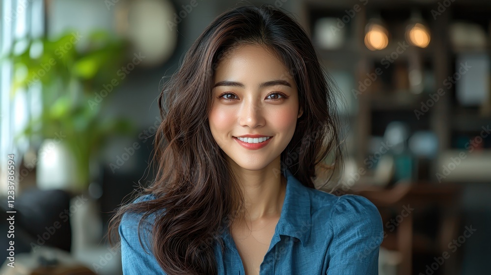 Fototapeta premium A smiling woman in a casual blue shirt, showcasing a warm and inviting atmosphere.