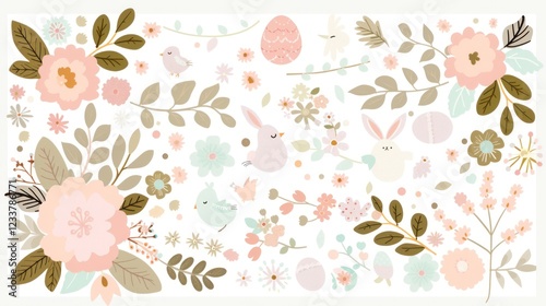 Wallpaper Mural Spring Elements with Bunnies, Flowers, and Eggs Perfect for Easter Celebrations, Seasonal Crafts, and Decorative Projects Featuring Pastel Colors and Delicate Illustrations Torontodigital.ca