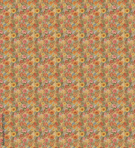 앤틱 빈티지 노란색 배경에 이파리와 꽃무늬가 반복적으로 이루어져있는 패턴 벽지 배경이미지 