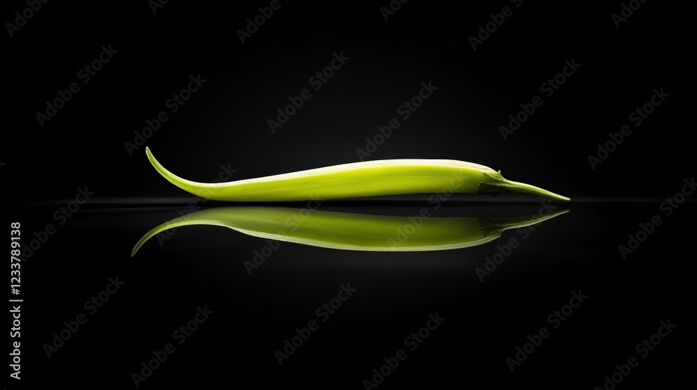 Fototapeta premium A single green chili pepper rests on a black reflective surface