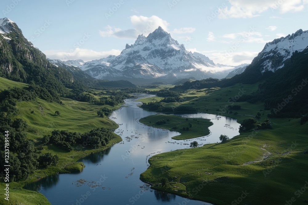 Fototapeta premium Majestic river and snowy mountain landscape remote region nature tranquil environment wide angle view serenity