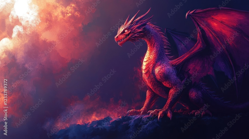 Crimson Dragon Majesty: A fiery spectacle against a dramatic sunset sky Crimson Dragon Majesty: A fiery spectacle against a dramatic sunset sky