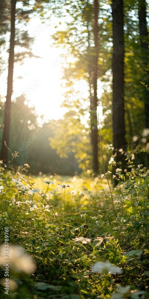Fototapeta premium Nature therapy practice on lush forest path at golden hour wide shot capturing connection and serenity
