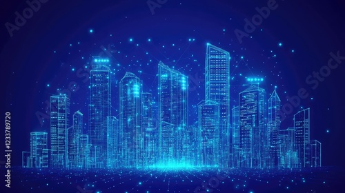 Low poly 3D wire mesh of a smart city An intelligent building automation system concept with binary code data flow showcasing technology in urban architecture