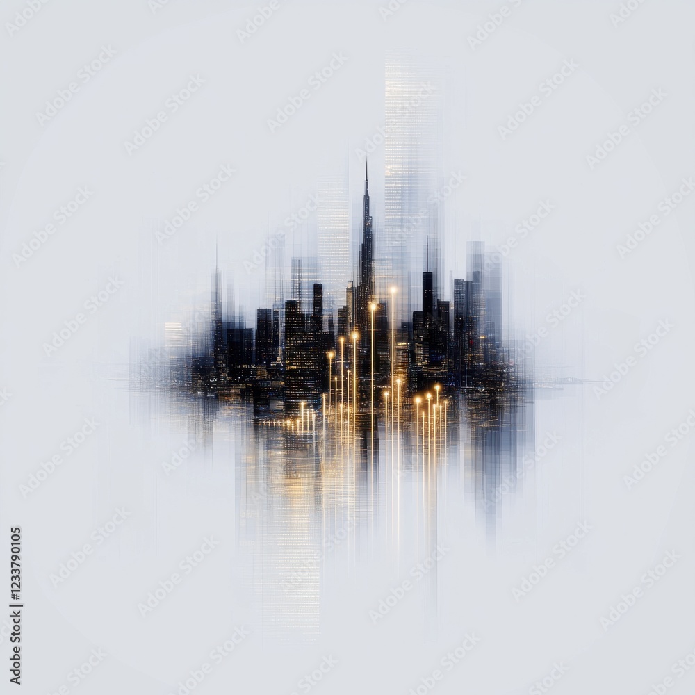 Fototapeta premium Futuristic skyline with glowing data trends urban cityscape digital art night view technology visualization