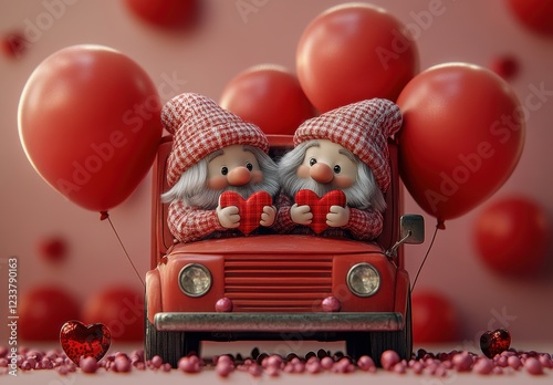 Pink truck with gnome spirit and heart for Valentine’s Day greeting card design.