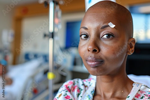 A woman with a shaved head sits in a hospital setting, looking directly at the camera with a calm expression, showcasing resilience during her medical journey. photo