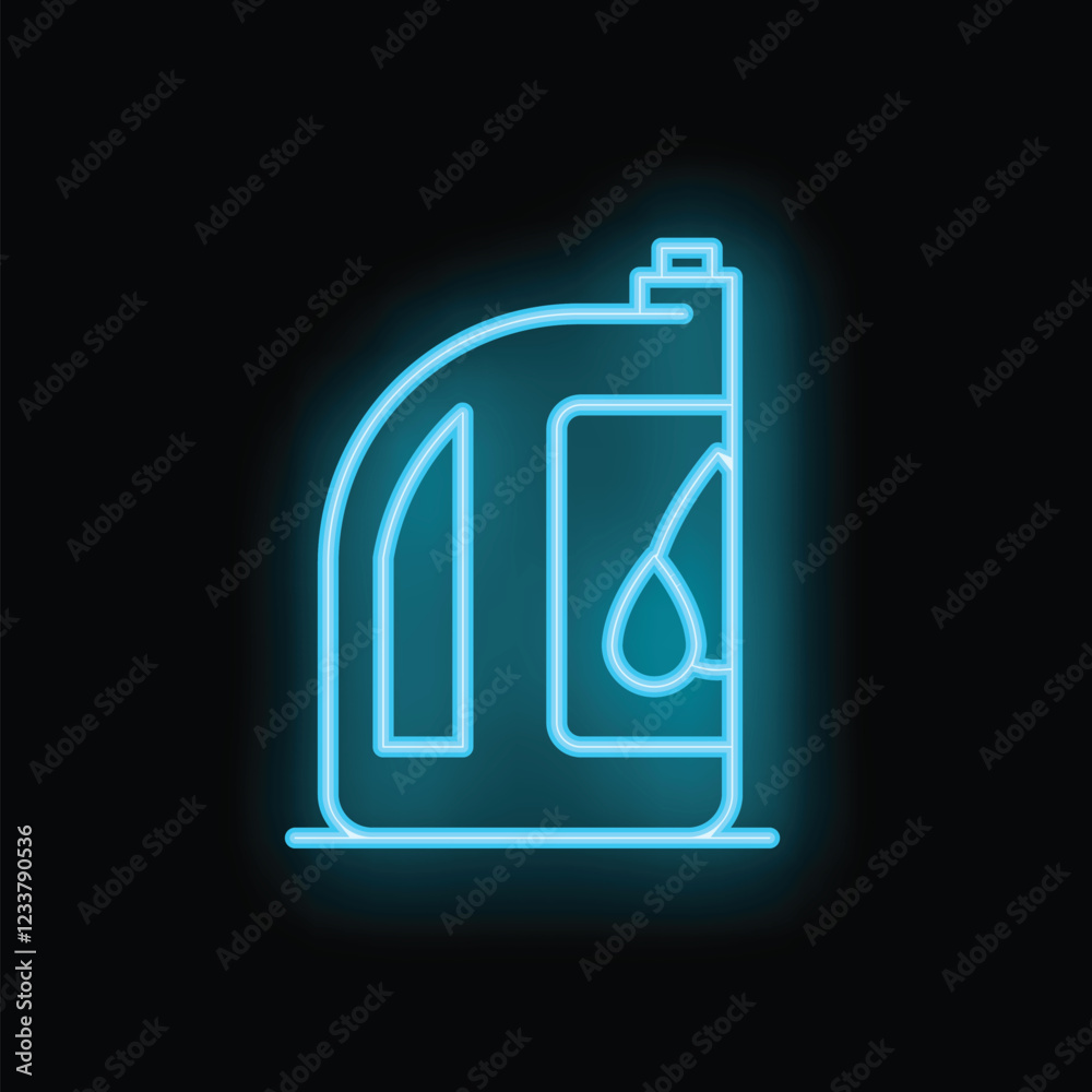 Glowing neon line icon of a motor oil or cleanser bottle on a black background representing car maintenance Glowing neon line icon of a motor oil or cleanser bottle on a black background representing car maintenance