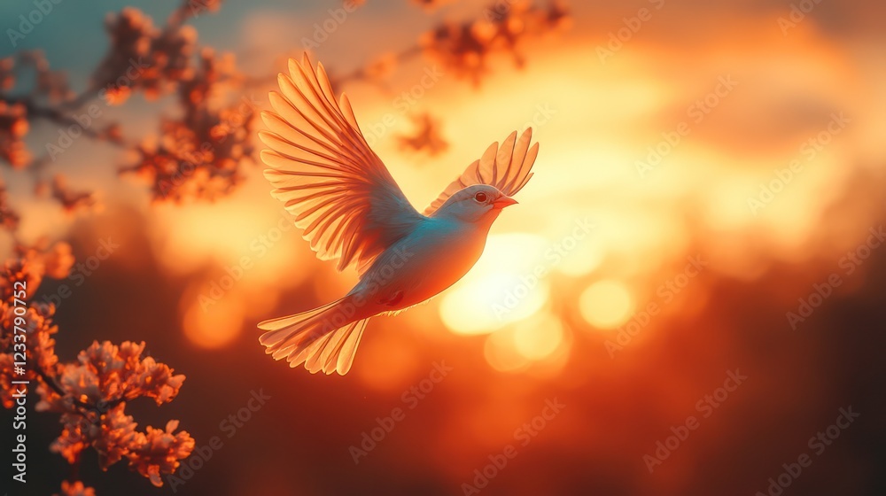 Fototapeta premium Serene Sunset Flight: A White Bird in Golden Hour
