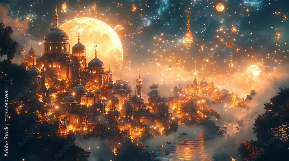 Obraz premium Fantasy Cityscape with Glowing Lights and Domes Under a Majestic Moon and Starry Sky