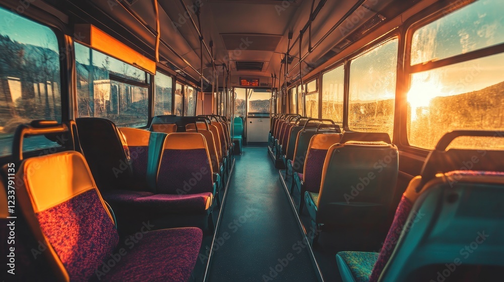 Fototapeta premium Empty bus at sunset, scenic mountain view, travel commute