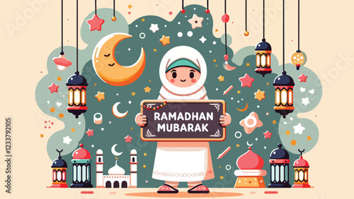 Ramadhan Mubarak Greeting, A character wearing traditional attire (e.g., a hijab and a kufi cap) holding a 'Ramadhan Mubarak' banner, surrounded by crescent moons, stars, and colorful lanterns