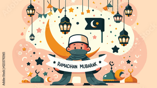 Ramadhan Mubarak Greeting, A character wearing traditional attire (e.g., a hijab and a kufi cap) holding a 'Ramadhan Mubarak' banner, surrounded by crescent moons, stars, and colorful lanterns