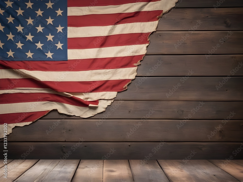 A weathered wooden surface with a folded American flag, vintage star decorations, and room for text. For Presidents' Day.