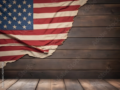 Obraz na płótnie A weathered wooden surface with a folded American flag, vintage star decorations, and room for text. For Presidents' Day.
w salonie