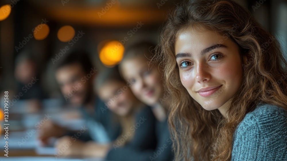 Obraz premium Young woman smiling in a cozy café with friends studying