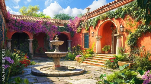 Lush courtyard of a colonial hacienda with vibrant colors