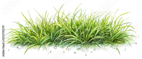 Fresh Green Grass in Watercolor Style Capturing Dew Drops Glimmering in Morning Light
