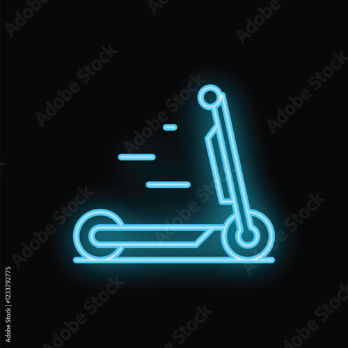 Blue neon icon of an electric scooter speeding through the night with motion blur