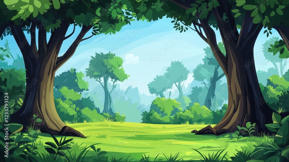 Naklejka premium Lush Green Forest Clearing Sunny Day Scene