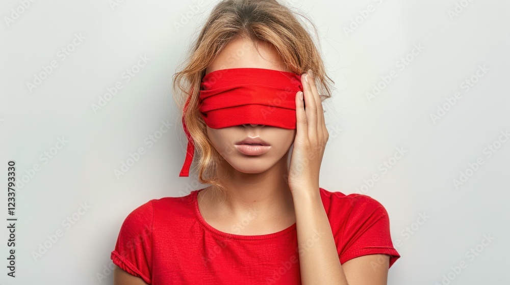 Φωτογραφία A young woman with blonde hair wearing a red blindfold and a calm expression on her face against a white background, representing a combination of beauty and mystery in a fashion portrait