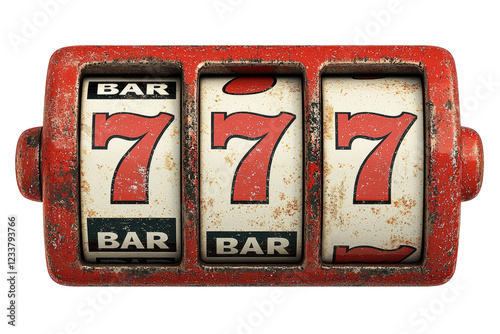 Vintage Rusty Red Slot Machine Showing Lucky 777 Jackpot Win