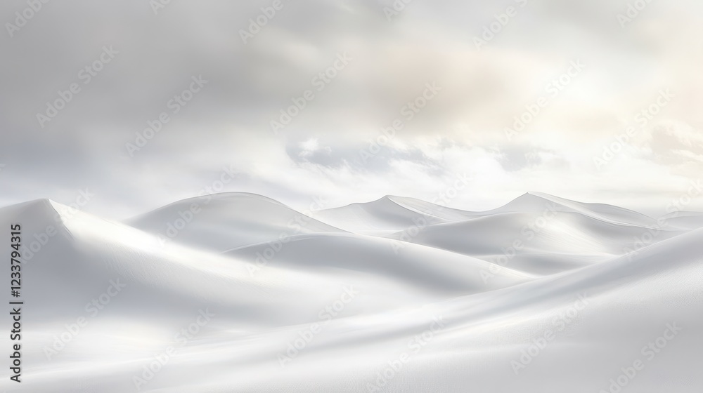 Fototapeta premium A serene, abstract monochromatic landscape featuring vast, smooth snow-white sand dunes under a softly moving cloudy sky.