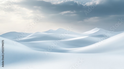 A serene, abstract monochromatic landscape featuring vast, smooth snow-white sand dunes under a softly moving cloudy sky. photo