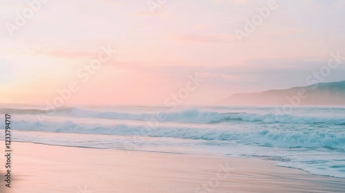 A serene beach at sunset features gentle waves under a soft peach fuzz sky.