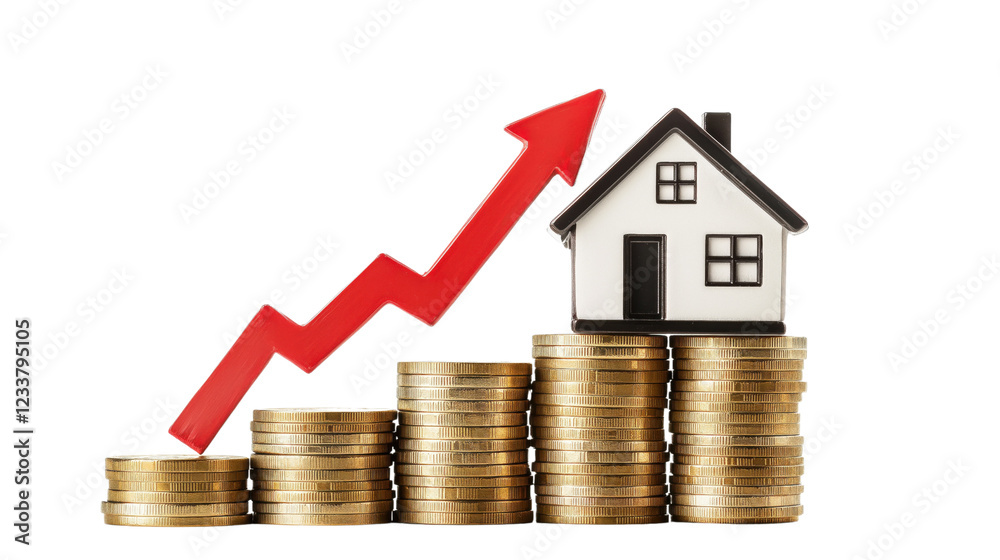 House on Growing Coin Piles with Red Arrow Isolated on Transparent Background House on Growing Coin Piles with Red Arrow Isolated on Transparent Background