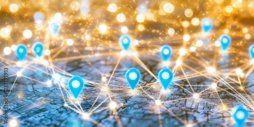 Blue Pins on an Old Map – Global Network and Digital Marketing Concept, Travel Concept, Generative AI