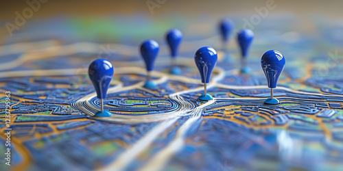 Blue Pins on Urban Map – Global Network Visualization and Communication, Travel Concept, Generative AI