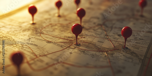 Red Pins on an Old Map – Business Network and Digital Connectivity, Travel Concept, Generative AI