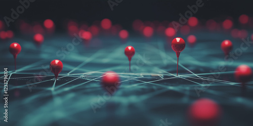 Red Pins on Urban Map – International Network and Communication, Travel Concept, Generative AI