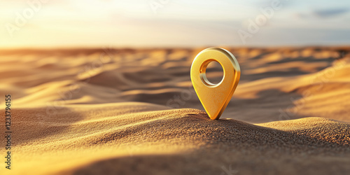 Gold Location Pin Floating Above Sandy Desert with Rolling Dunes, Travel Concept, Generative AI