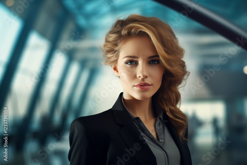 businesswoman in office on background