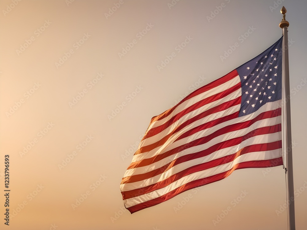 A billowing American flag illuminated by warm golden light, with space for text in the blurred background. For Presidents' Day.
