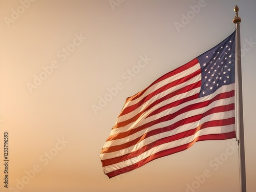 Obraz na płótnie A billowing American flag illuminated by warm golden light, with space for text in the blurred background. For Presidents' Day.
w salonie