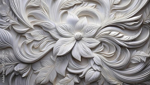 Elegant White Floral Embossment A Textured Masterpiece with Intricate Patterns and Vibrant Detailing, Exuding a Sophisticated Ambiance.