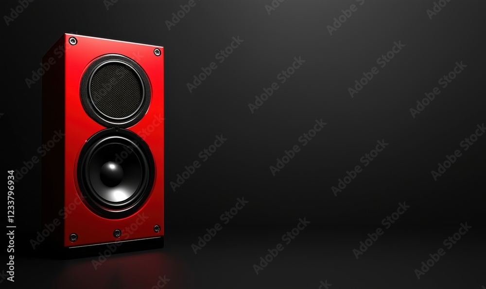 Red speaker with dual drivers showcasing modern design and sleek finish against dark background Red speaker with dual drivers showcasing modern design and sleek finish against dark background