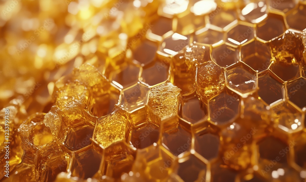 Honeycomb structure showcasing intricate hexagonal patterns filled with golden honey, reflecting light and texture Honeycomb structure showcasing intricate hexagonal patterns filled with golden honey, reflecting light and texture