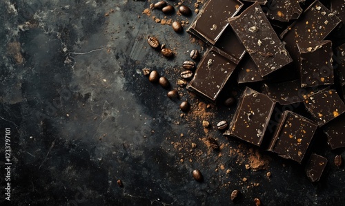 Dark chocolate pieces scattered with coffee beans and cocoa powder on textured black background photo