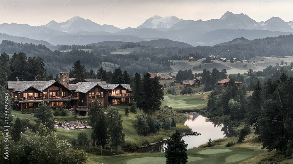 Fototapeta premium Mountain luxury homes, golf course, dusk. Landscapes