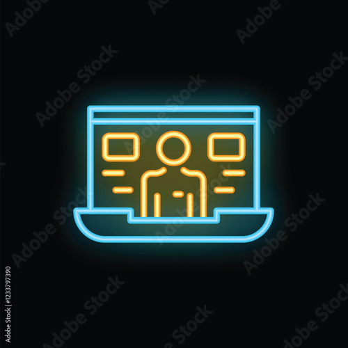 Neon laptop displaying a user icon with data, representing online identity verification process