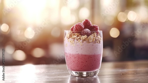 Raspberry yogurt parfait with granola, cafe background, healthy breakfast photo